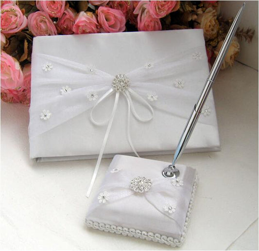 White Wedding Guest Book and Pen Set Guest Signature Book with Daisy