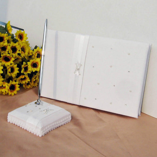Wedding Guest Book with Pen holder Crystals Pearls Guest Signature Book