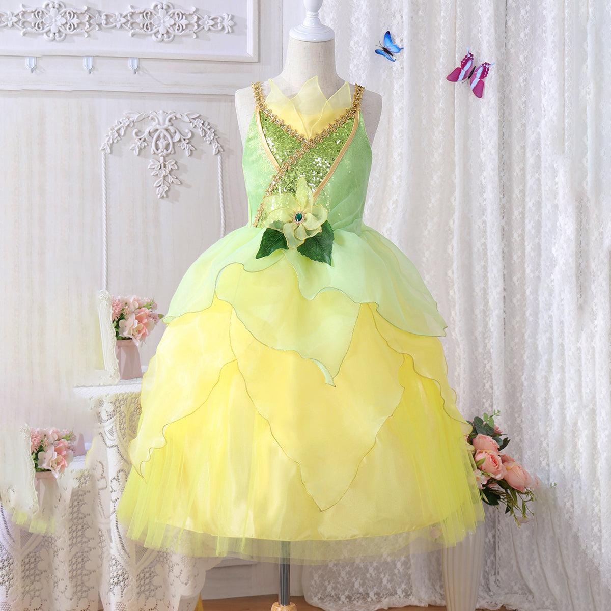 Tiana Princess Costume for Girls Fairy Dress Halloween Party
