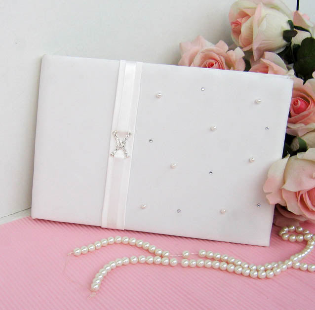 Wedding Guest Book with Pen holder Crystals Pearls Guest Signature Book