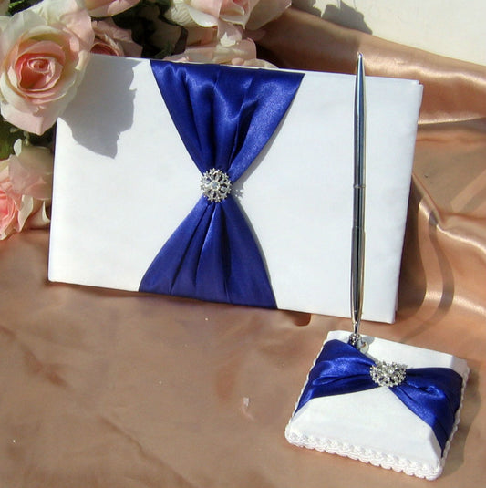 Wedding Guest Book and Pen Set Royal Blue Satin Bownot Pen Holder