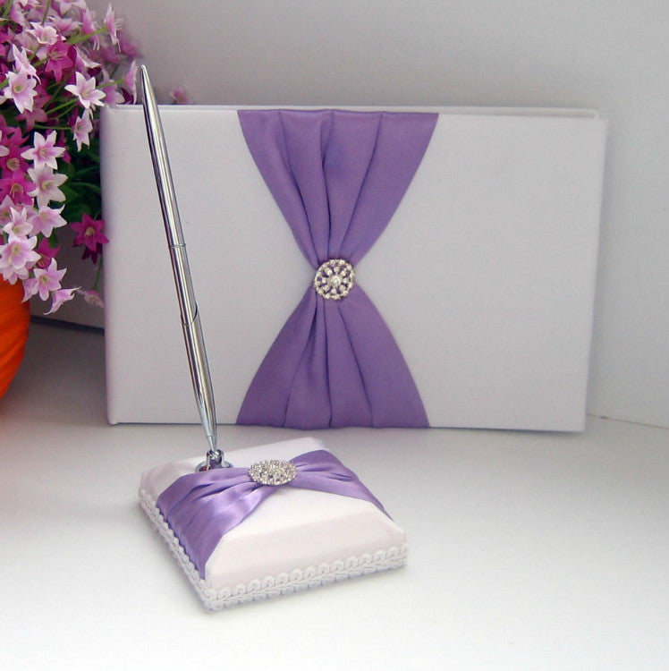 Wedding Guest Book and Pen Set Royal Blue Satin Bownot Pen Holder