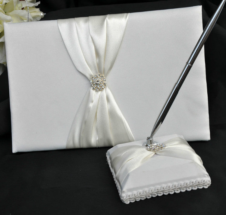 Wedding Guest Book and Pen Set Royal Blue Satin Bownot Pen Holder