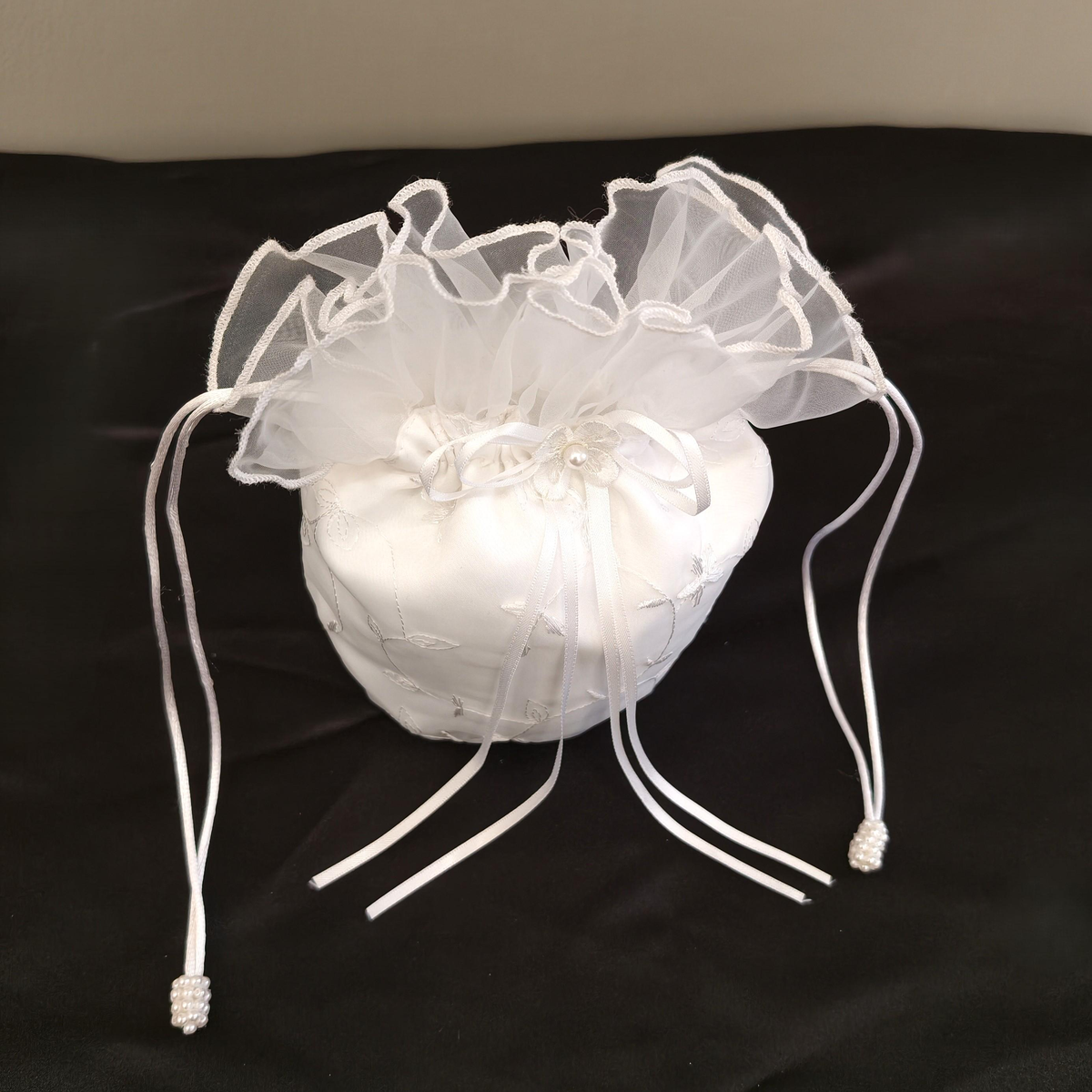 Embroidered Satin Bud Drawstring Pouch, Ruffled Tulle Bridal Favor Bag, Wedding Candy Gift Bag