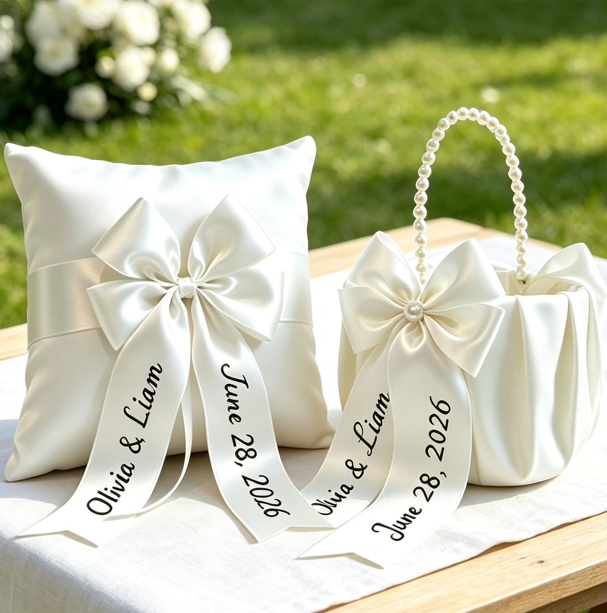 2PCS Custom Ivory Flower Girl Baskets |Ring Bearer Pillow Set |Wedding Baskets |Petal Baskets |Rustic Basket |Bridesmaid Basket |Ring Pillow