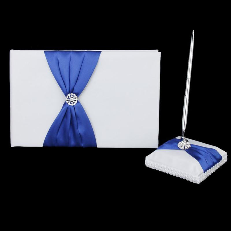 Wedding Guest Book and Pen Set Royal Blue Satin Bownot Pen Holder