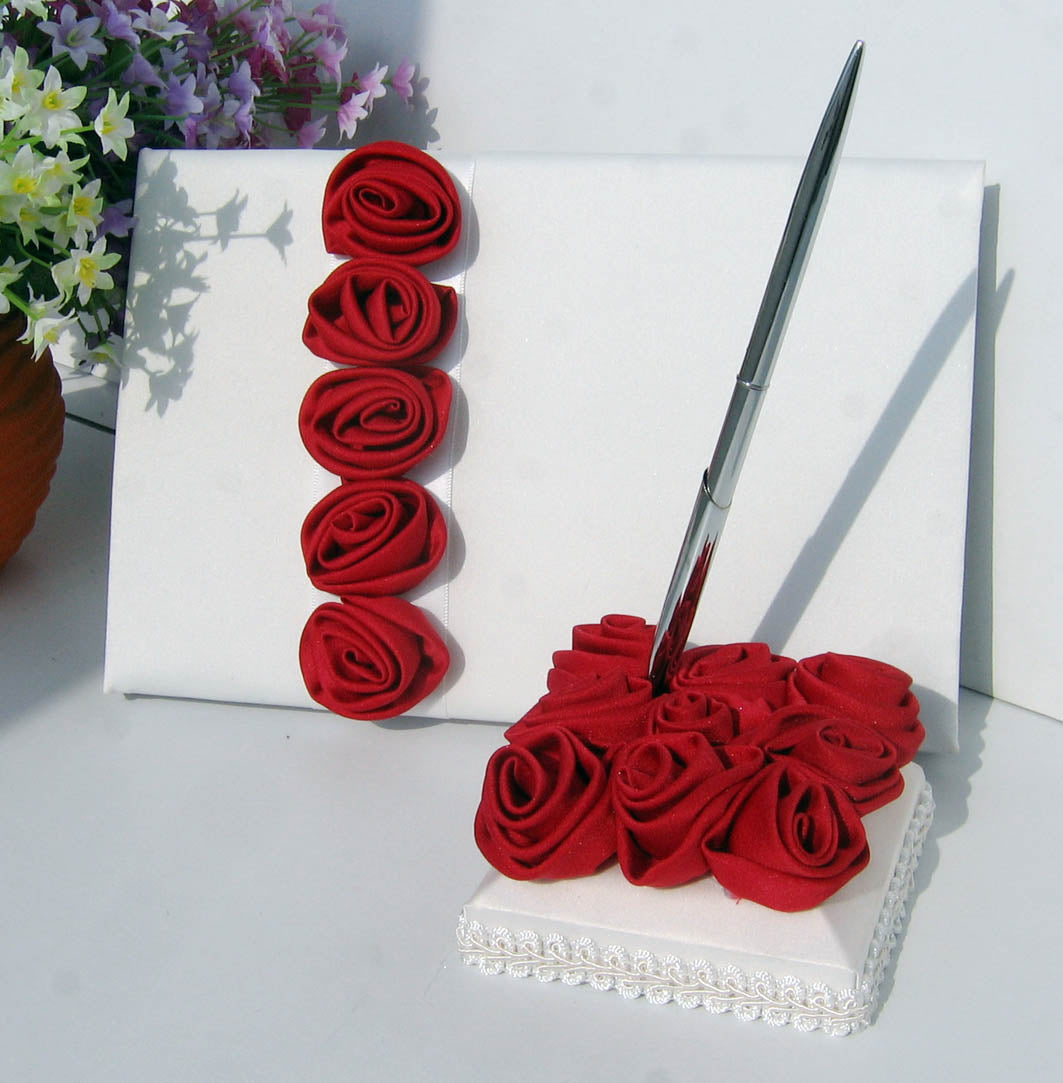 Wedding Guest Book with Pen holder Decorated Satin Rose Flowers