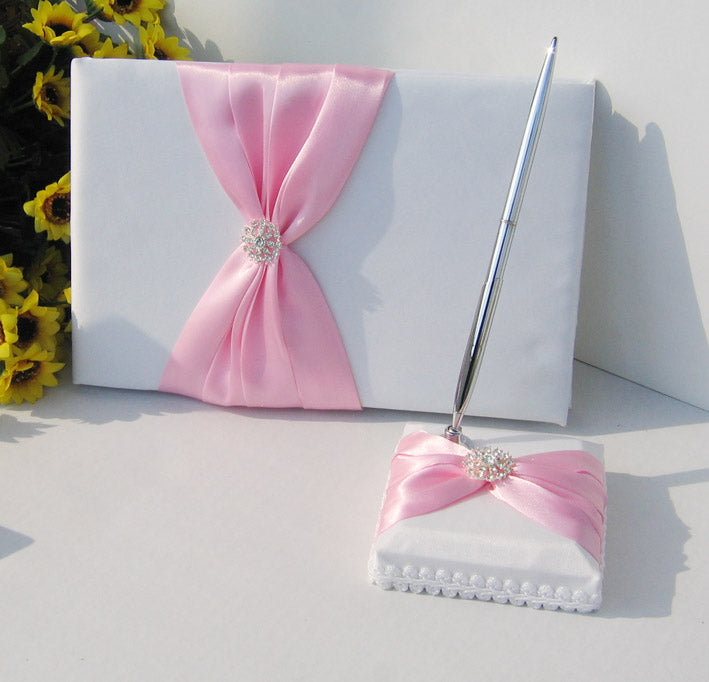 Wedding Guest Book and Pen Set Royal Blue Satin Bownot Pen Holder