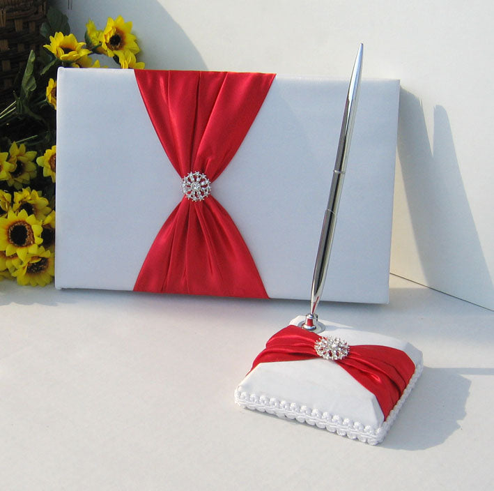 Wedding Guest Book and Pen Set Royal Blue Satin Bownot Pen Holder
