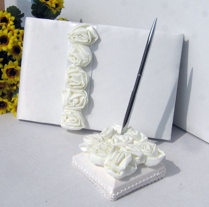 Wedding Guest Book with Pen holder Decorated Satin Rose Flowers