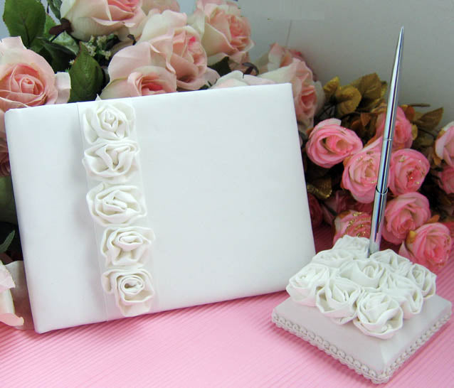 Wedding Guest Book with Pen holder Decorated Satin Rose Flowers