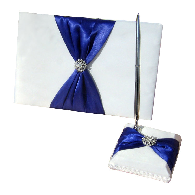 Wedding Guest Book and Pen Set Royal Blue Satin Bownot Pen Holder