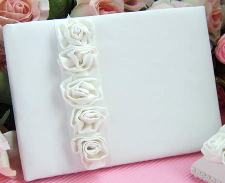Wedding Guest Book with Pen holder Decorated Satin Rose Flowers