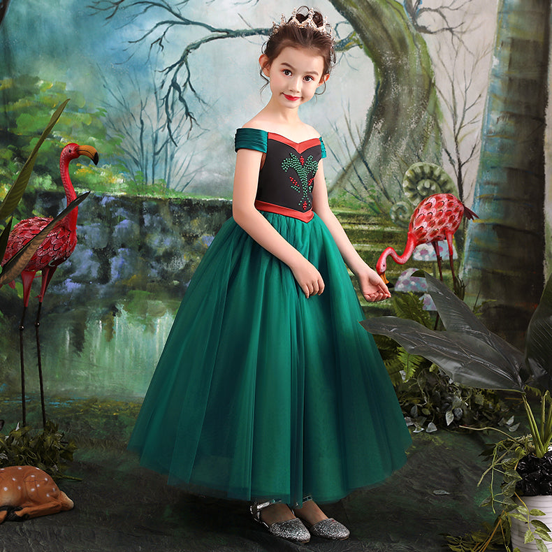 Anna Girls Dresses One-line Collar Costumes Gauze Dress Green Dress Frozen Clothes