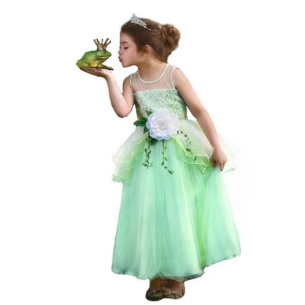 Tiana Costume for Girls Fancy Costume Tiana Dress for Girls Princess Frog Role Play Dress up Birthday Cosplay Costume