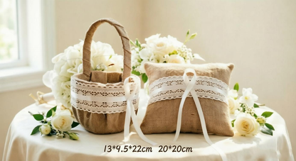 Boho Ring Pillow & Flower Girl Basket Set,Boho Ring Pillow ,Lace flower basket,Wedding Petal Basket