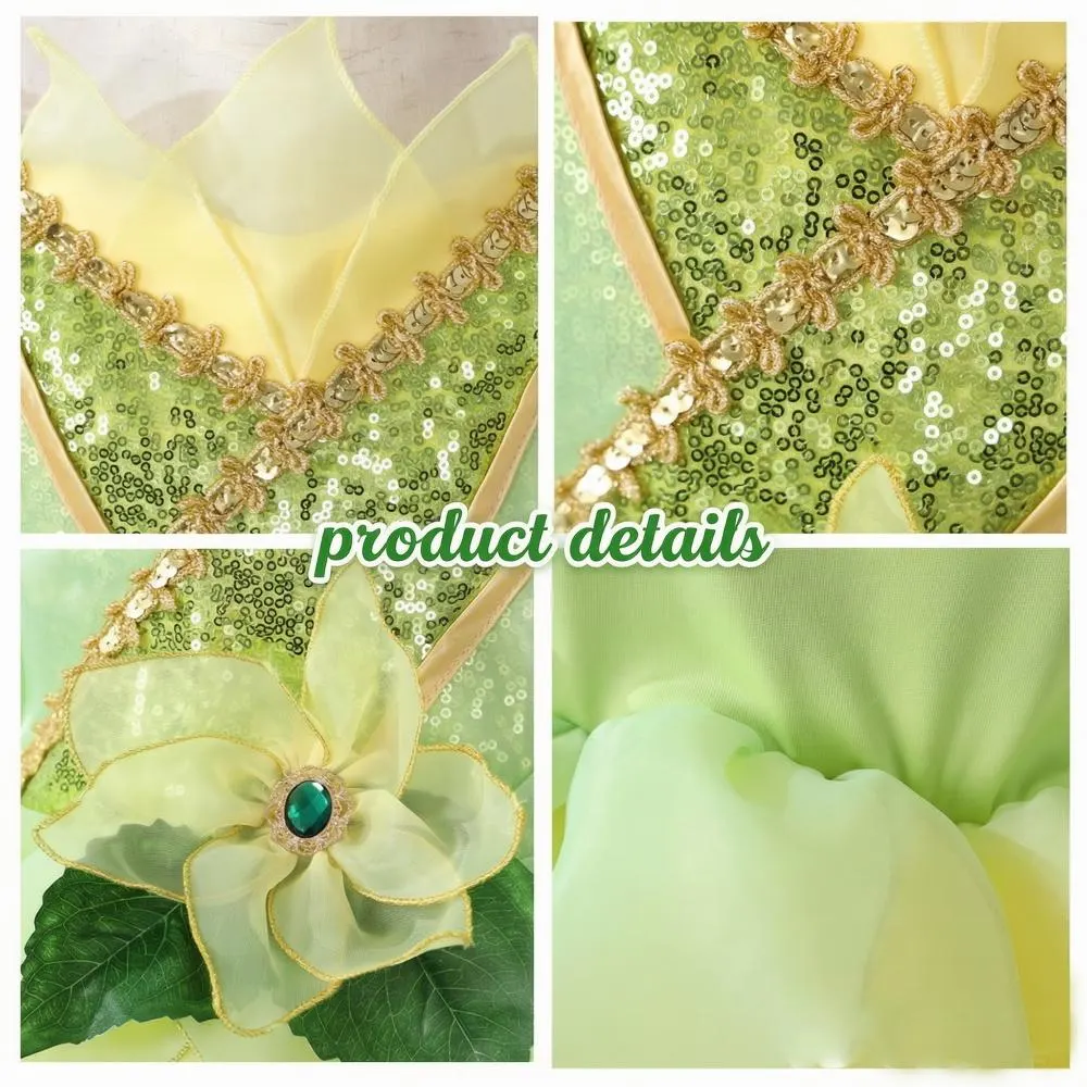 Princess Tiana Inspired Tulle Dress,Princess And Frog,Green Layered Party Dress with Accessory,Kids Fairy Tale Halloween Outfit