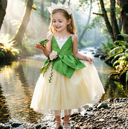 Girls Tiana Princess Costume Dress, Princess and Frog,Green Leaf Tulle Gown, Birthday Outfit &Halloween Cosplay