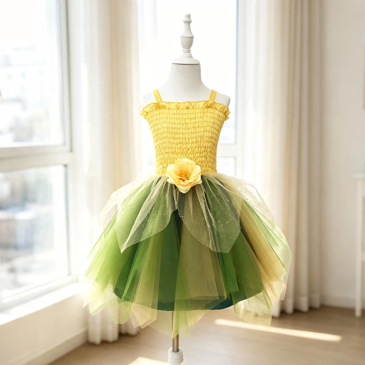 Fairy Tinkerbell Tutu Dress for Girls, Green Yellow Princess Costume, Birthday Party Dress, Halloween Cosplay Outfit, Photo Prop Dress