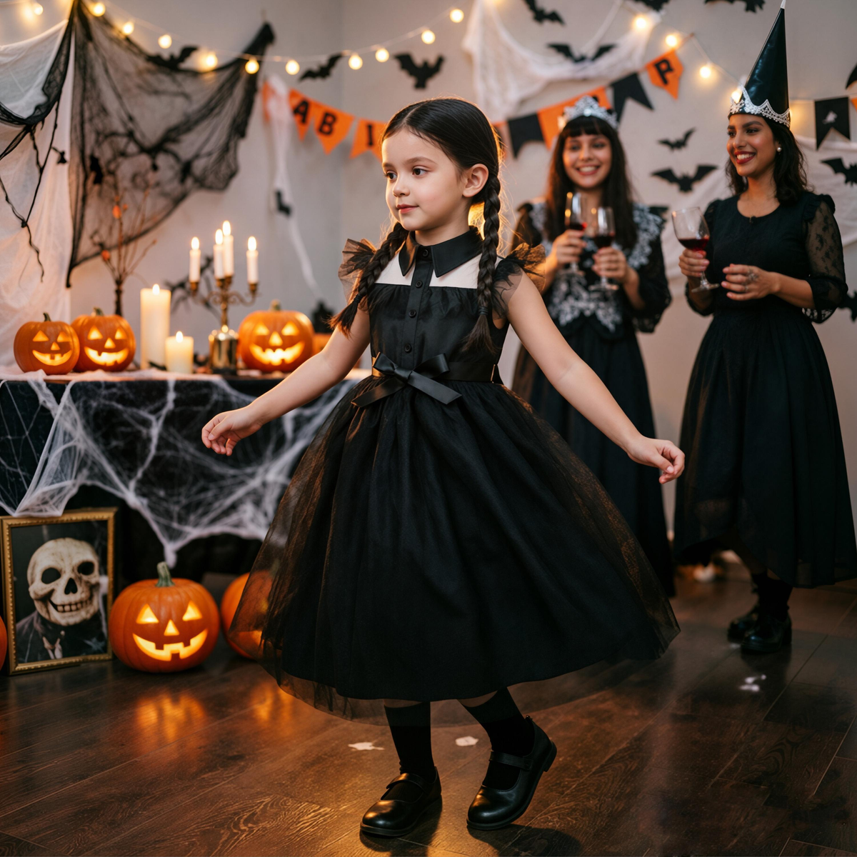Girls Wednesday Inspired Costume, Kids Gothic Sleeveless Lapel Tutu Dress, Halloween Cosplay Party Outfit for Little Girls
