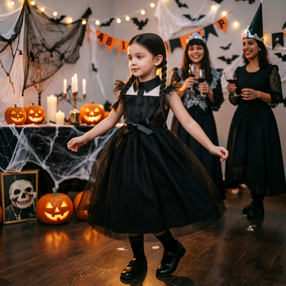 Girls Wednesday Inspired Costume, Kids Gothic Sleeveless Lapel Tutu Dress, Halloween Cosplay Party Outfit for Little Girls
