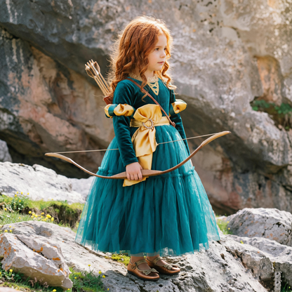 Girls Merida Princess Costume, Teal Velvet Tulle Party Dress, Kids Halloween Cosplay Outfit, Birthday Fancy Gown For Little Girls