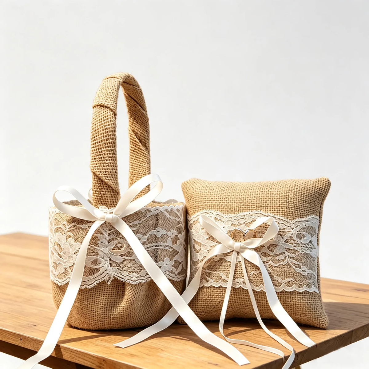 Burlap Lace Flower Girl Basket and Ring Bearer Pillow Set, Rustic Boho Wedding Accessories