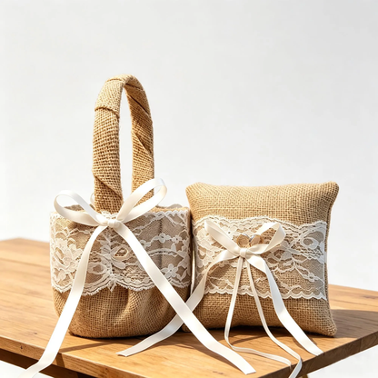 Burlap Lace Flower Girl Basket and Ring Bearer Pillow Set, Rustic Boho Wedding Accessories