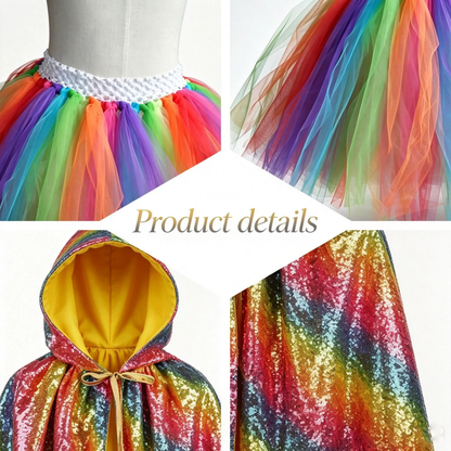 Rainbow Tutu Skirt & Sequin Cape Set, Kids Unicorn Party Costume, Girls Halloween Dress‑up Outfit, Birthday Photo Prop, Festival Playwear
