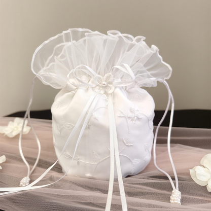 Embroidered Satin Bud Drawstring Pouch, Ruffled Tulle Bridal Favor Bag, Wedding Candy Gift Bag