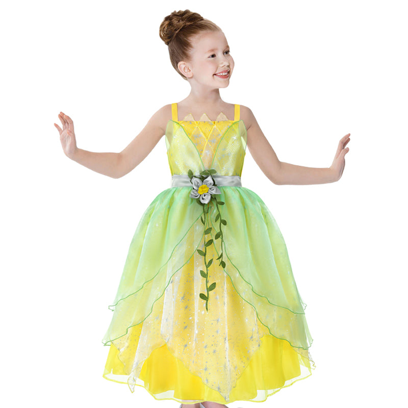 Tiana Costume for Girls Fancy Costume Tiana Dress for Girls Princess Frog Role Play Ball Gown Party Dress up Birthday Cosplay Costume Suit 2-10Y