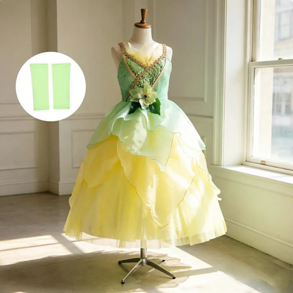 Princess Tiana Inspired Tulle Dress,Princess And Frog,Green Layered Party Dress with Accessory,Kids Fairy Tale Halloween Outfit