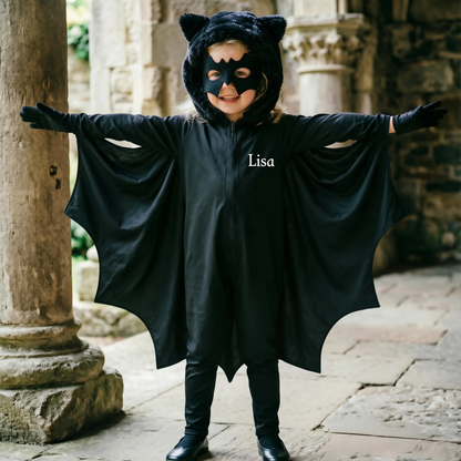 Personalized Kids Bat Halloween Costume | Custom Name Bat Jumpsuit with Fur Hood & Wings, Toddler Halloween Outfit, Trick or Treat Costume