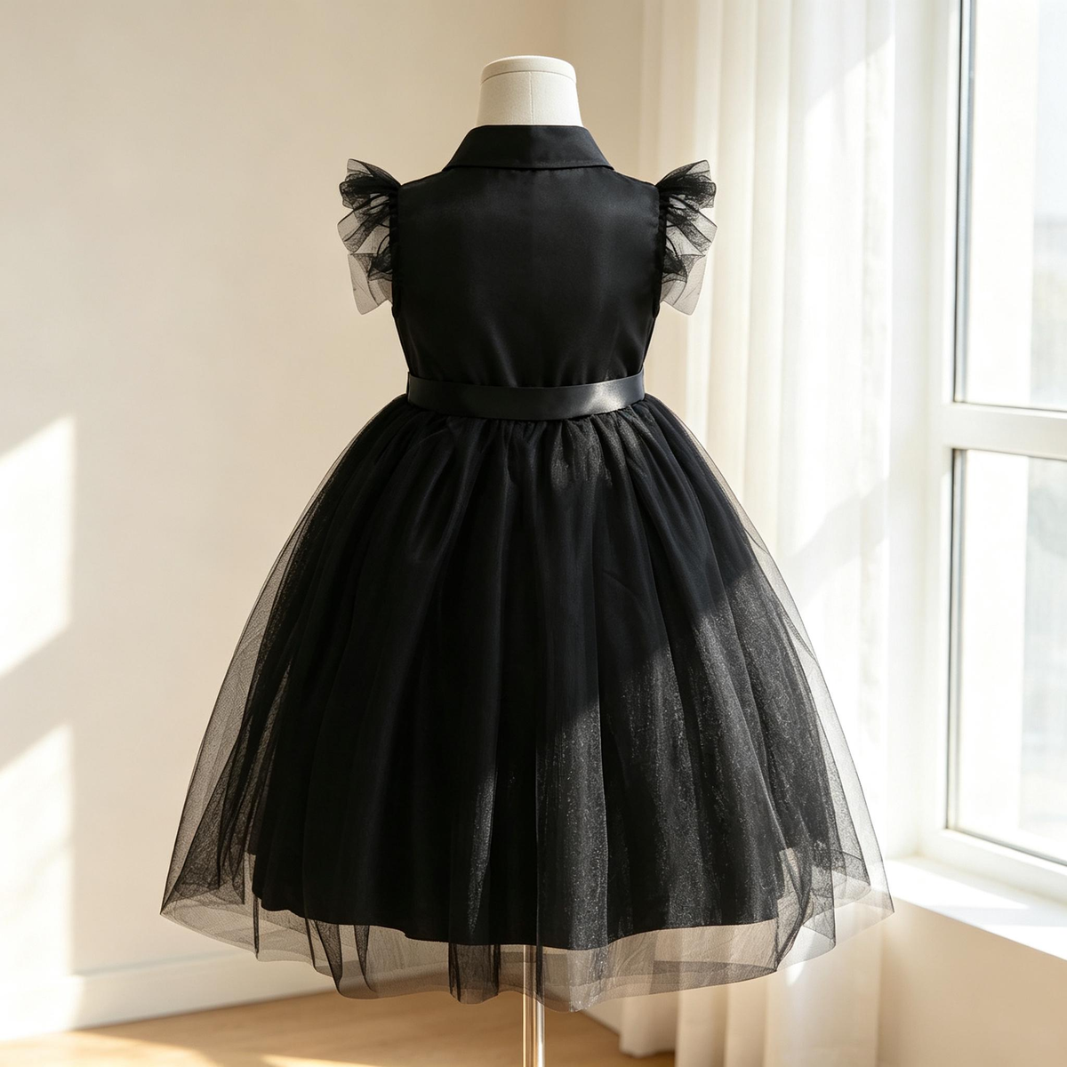 Girls Wednesday Inspired Costume, Kids Gothic Sleeveless Lapel Tutu Dress, Halloween Cosplay Party Outfit for Little Girls