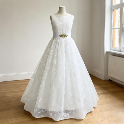 Personalized 1st Communion Dresses| Lace Holy Communion Dress | Flower Girl Dresses with Belt | Baptism Dresses| Wedding Party Girls Dresses