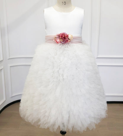 Personalized White Tulle Flower Girl Dresses with Floral Sash |1st Communion Dresses| Girls Formal Dress|Wedding Girl Dress|Birthday Dresses