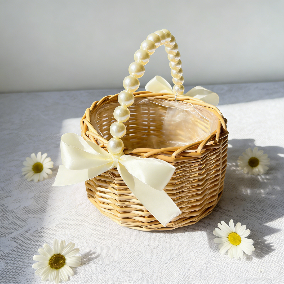 Wicker Rattan Flower Girl Baskets | Pearl Handle Flower Basket | Rustic Wedding Basket for Flower Girls,Picnic, Easter Basket and Parties
