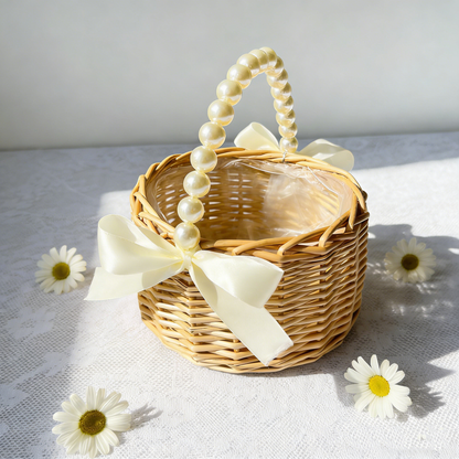 Wicker Rattan Flower Girl Baskets | Pearl Handle Flower Basket | Rustic Wedding Basket for Flower Girls,Picnic, Easter Basket and Parties