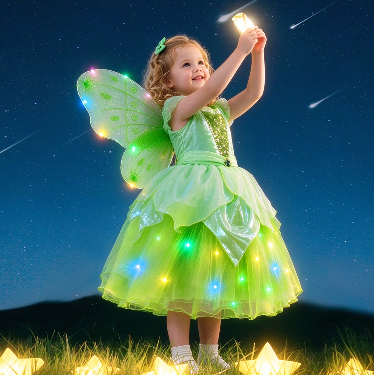 Light up Girls Tinkerbell Costume,LED Tinkerbell Dresses,Green Fairy Dress,Kids Fairy Tale Costume,Tinkerbell Wings, Girls TuTu Dress,Girls Party Costume