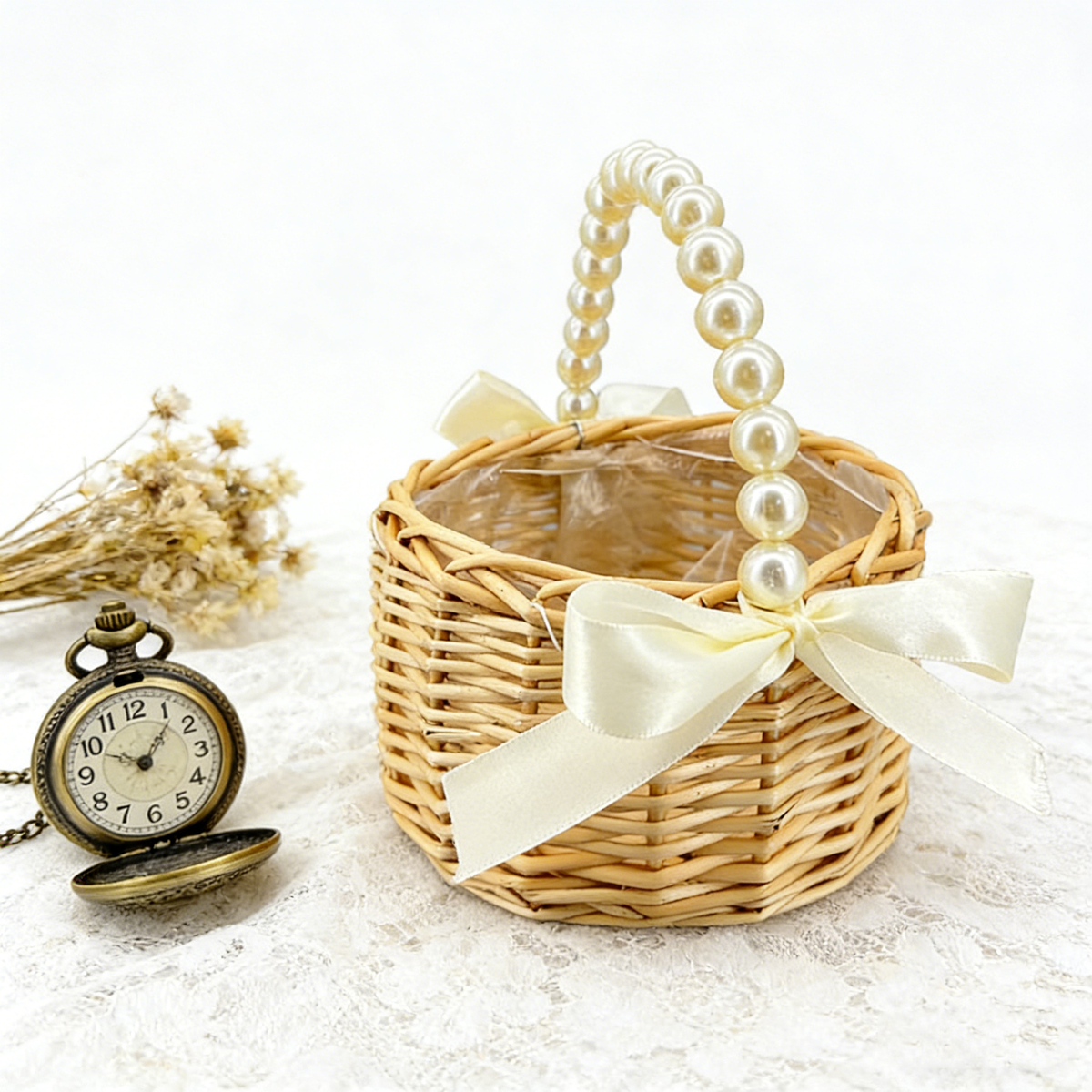 Wicker Rattan Flower Girl Baskets | Pearl Handle Flower Basket | Rustic Wedding Basket for Flower Girls,Picnic, Easter Basket and Parties