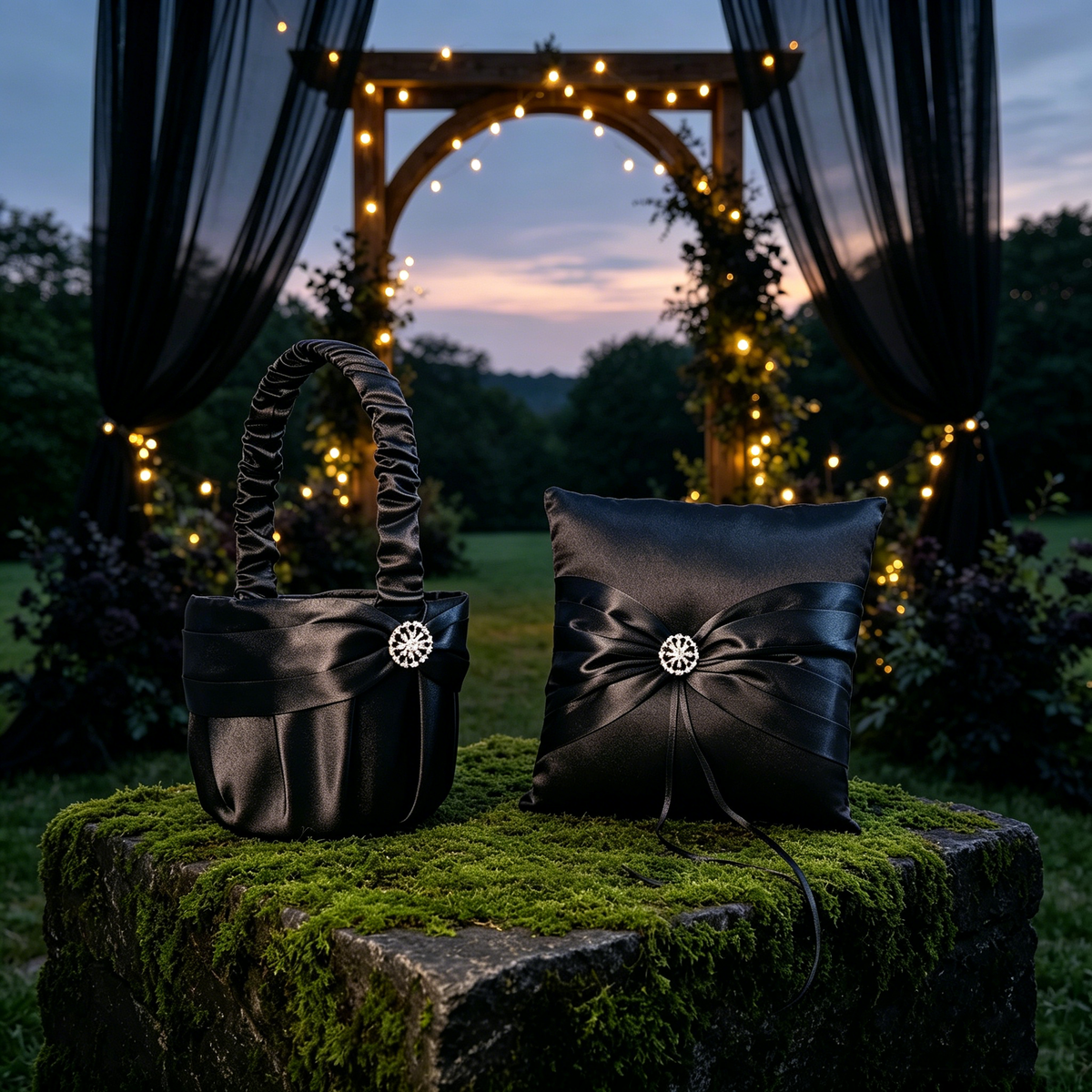 Black Wedding Baskets | Black Ring Pillow| Pillow Basket  Set | Black Ring Bearer Pillow | Black Flower Girl Basket |Black Satin Ring Pillow