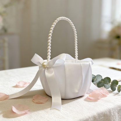 Satin Flower Girl Baskets with Pearl Handle, Elegant Wedding Ceremony Petal Basket, Bridal Party Accessory, Rustic Wedding Decoratioin