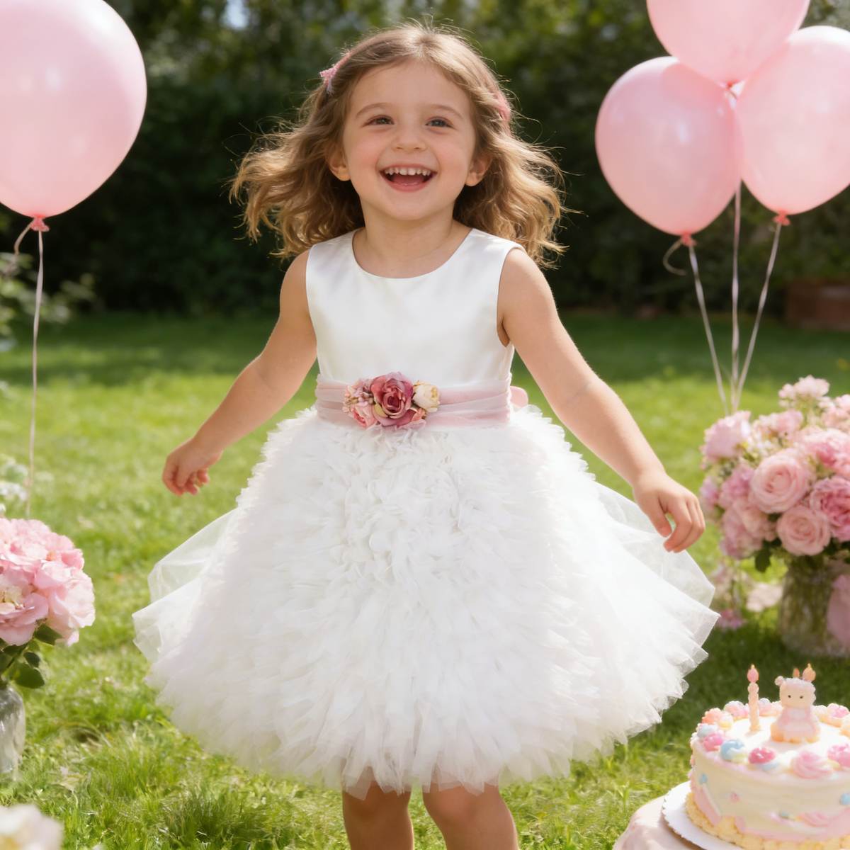 Personalized White Tulle Flower Girl Dresses with Floral Sash |1st Communion Dresses| Girls Formal Dress|Wedding Girl Dress|Birthday Dresses