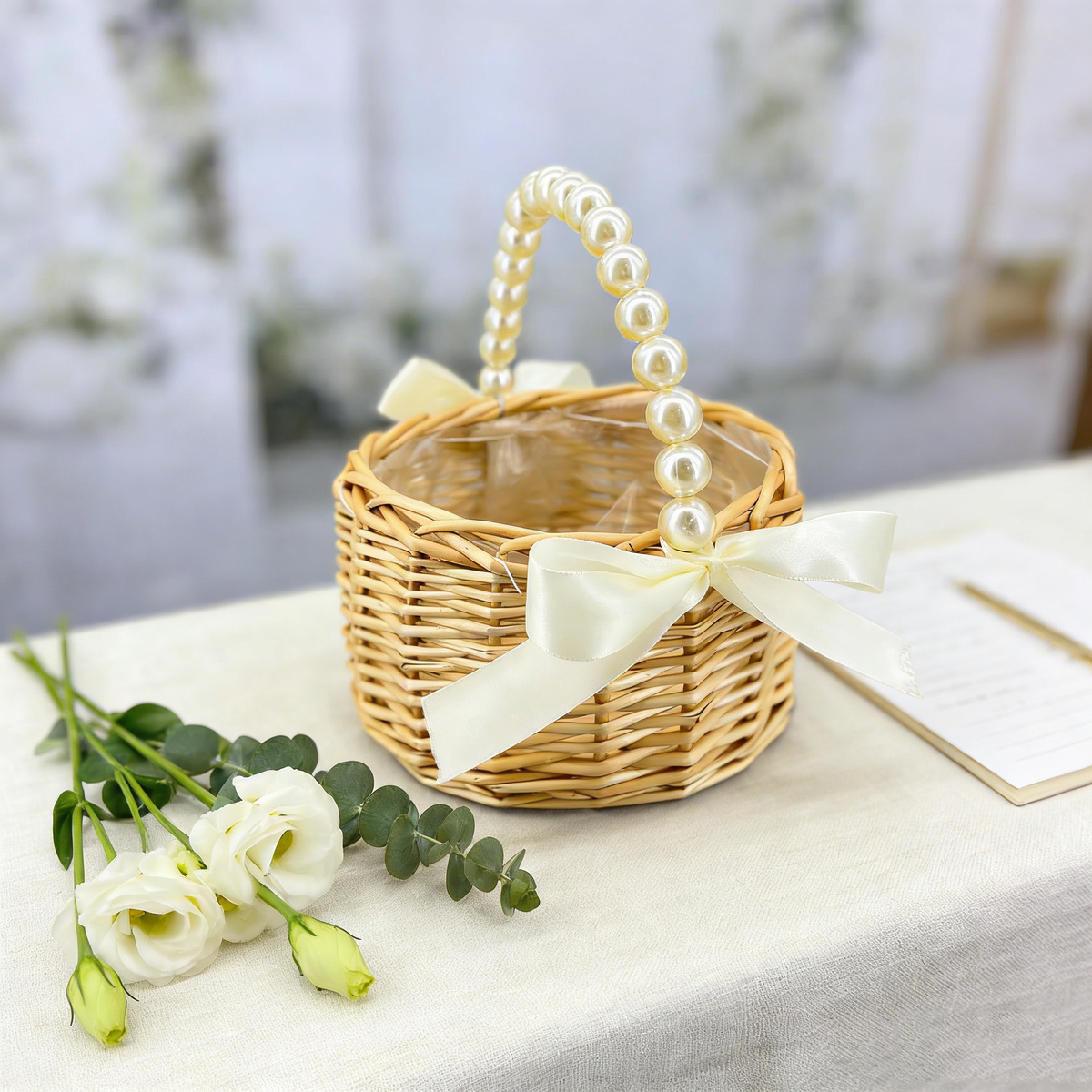 Wicker Rattan Flower Girl Baskets | Pearl Handle Flower Basket | Rustic Wedding Basket for Flower Girls,Picnic, Easter Basket and Parties