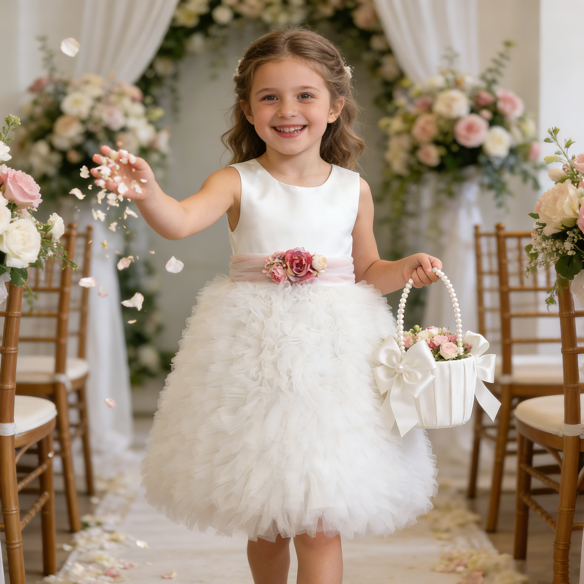 Personalized White Tulle Flower Girl Dresses with Floral Sash |1st Communion Dresses| Girls Formal Dress|Wedding Girl Dress|Birthday Dresses