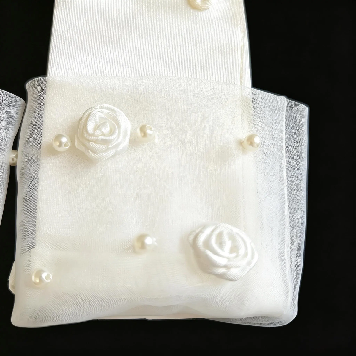 First Communion Gloves, Baptism, Wedding, Special Event Ivory Satin Flower Girl Gloves with Tulle & Pearl Details