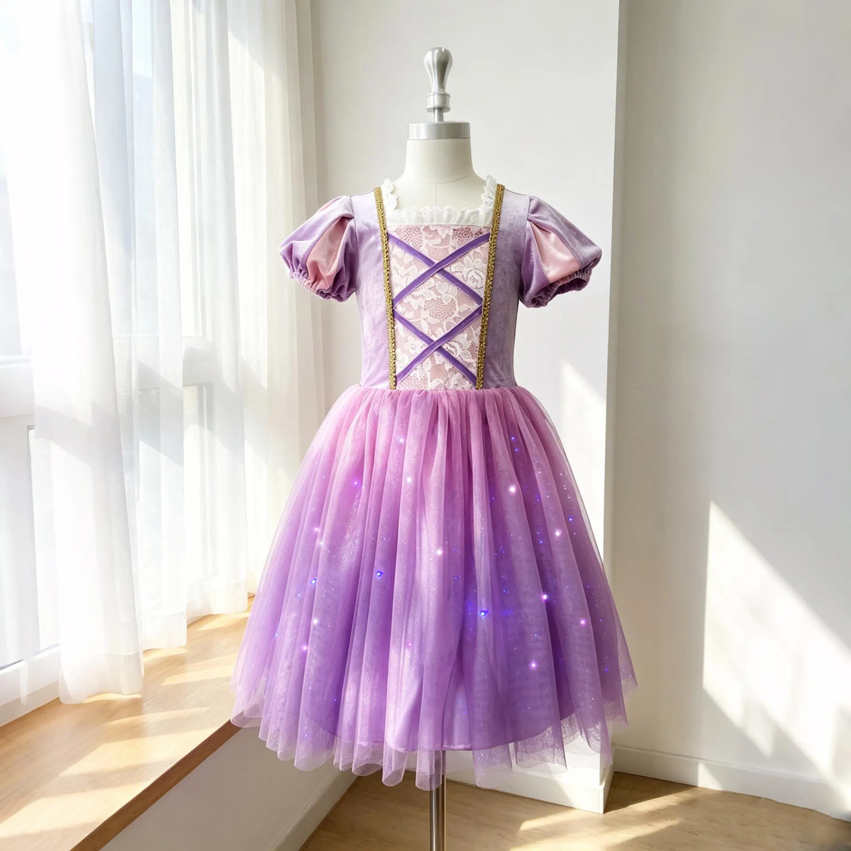 Light up Princess Rapunzel Inspired Tulle Dress,Rapunzel Costume,Kids Velvet Tulle Gown, Birthday Party Halloween Fairy Tale Costume for Girls