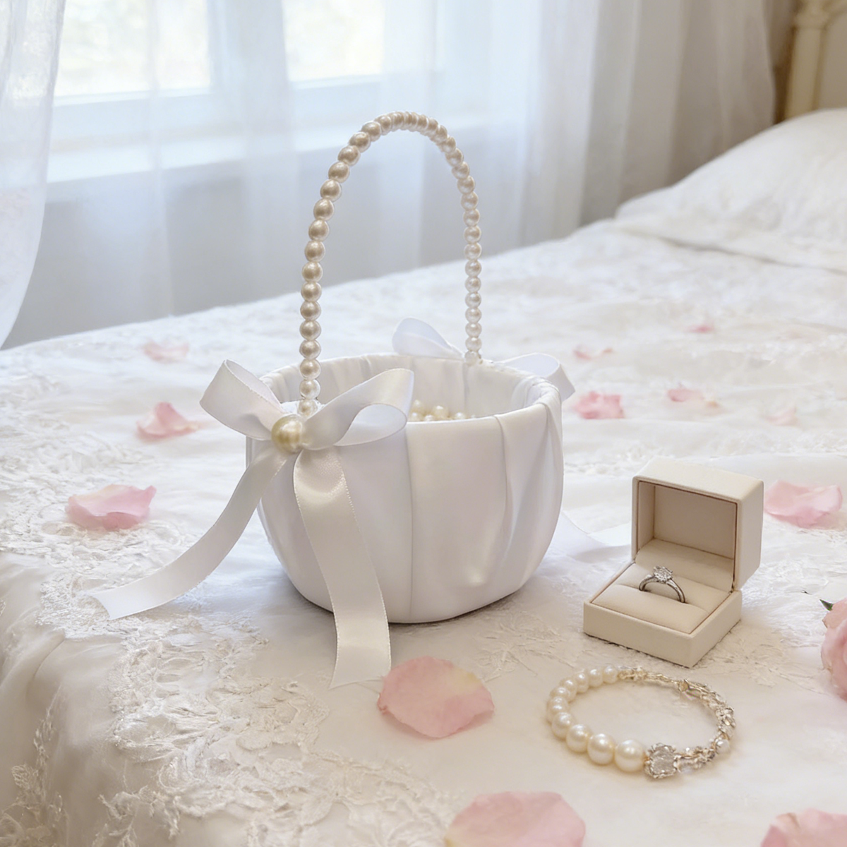 Satin Flower Girl Baskets with Pearl Handle, Elegant Wedding Ceremony Petal Basket, Bridal Party Accessory, Rustic Wedding Decoratioin