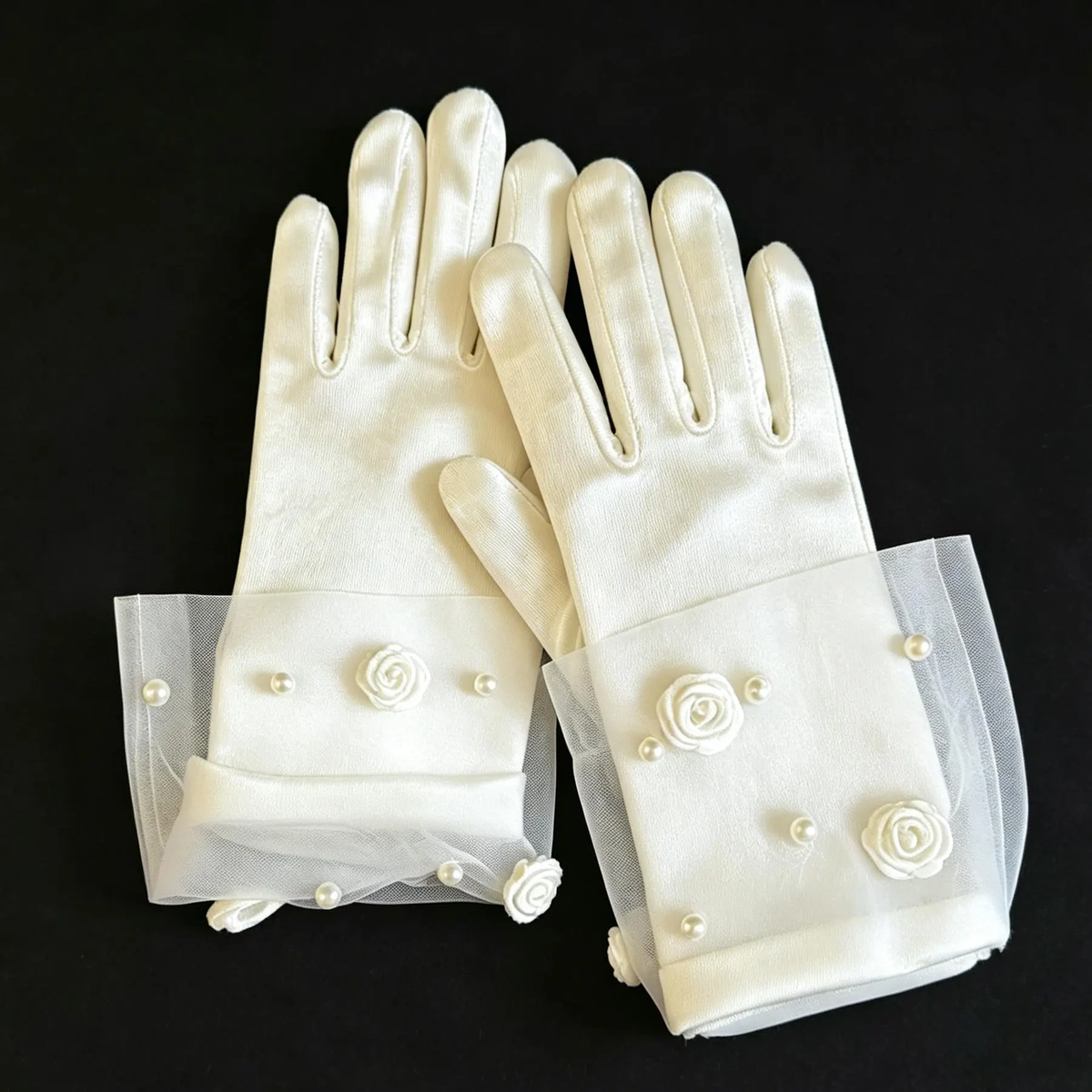 First Communion Gloves, Baptism, Wedding, Special Event Ivory Satin Flower Girl Gloves with Tulle & Pearl Details