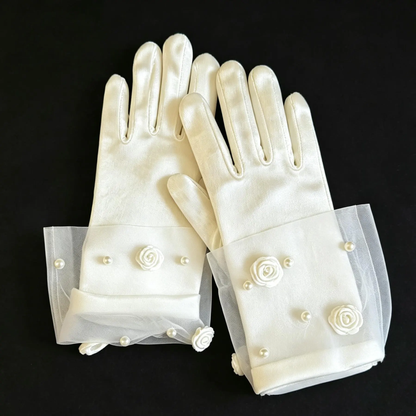 First Communion Gloves, Baptism, Wedding, Special Event Ivory Satin Flower Girl Gloves with Tulle & Pearl Details